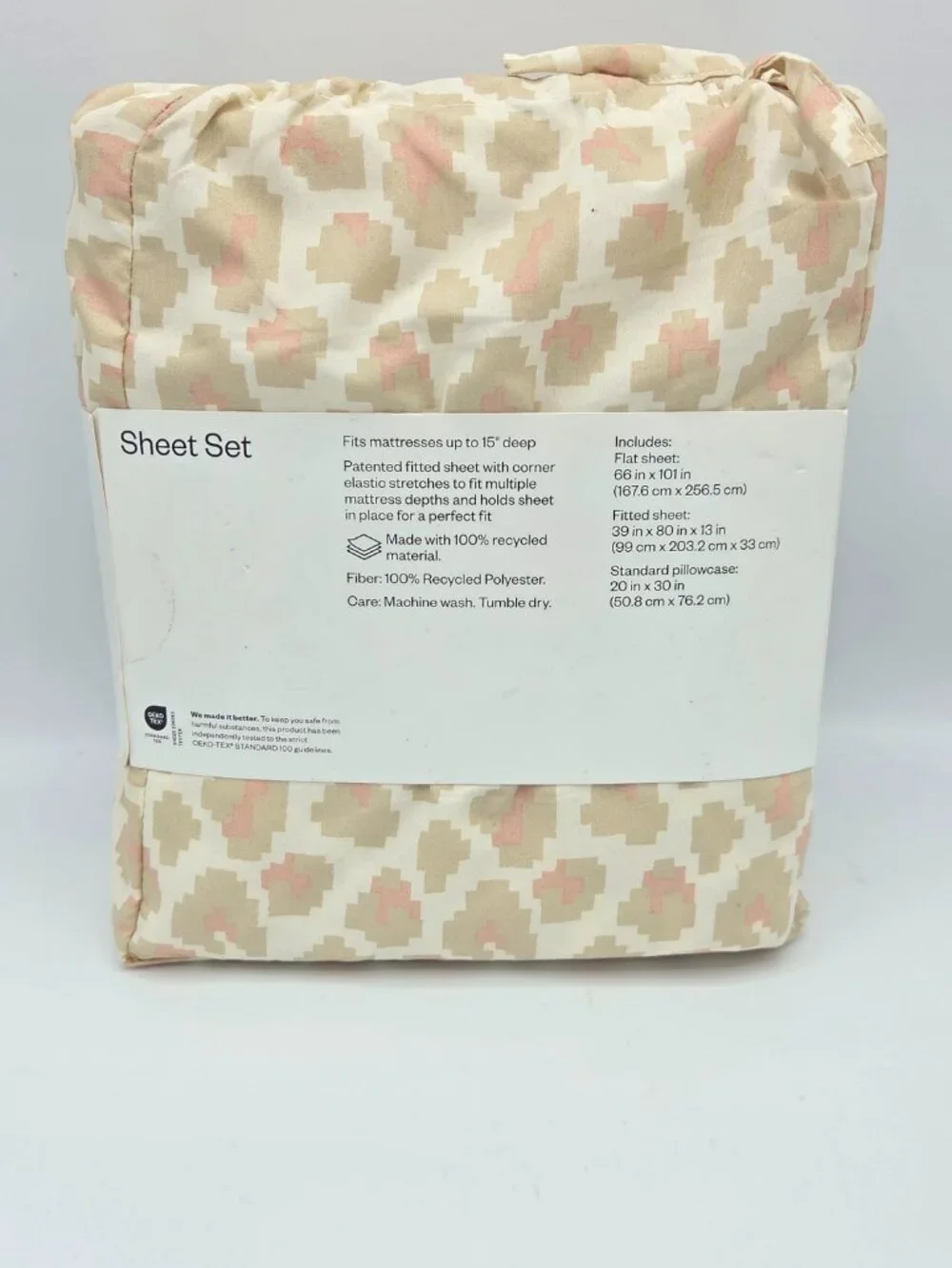 Room Essentials Microfiber Twin/XL Twin Sheet Set – Beige & Blush Geometric Prin